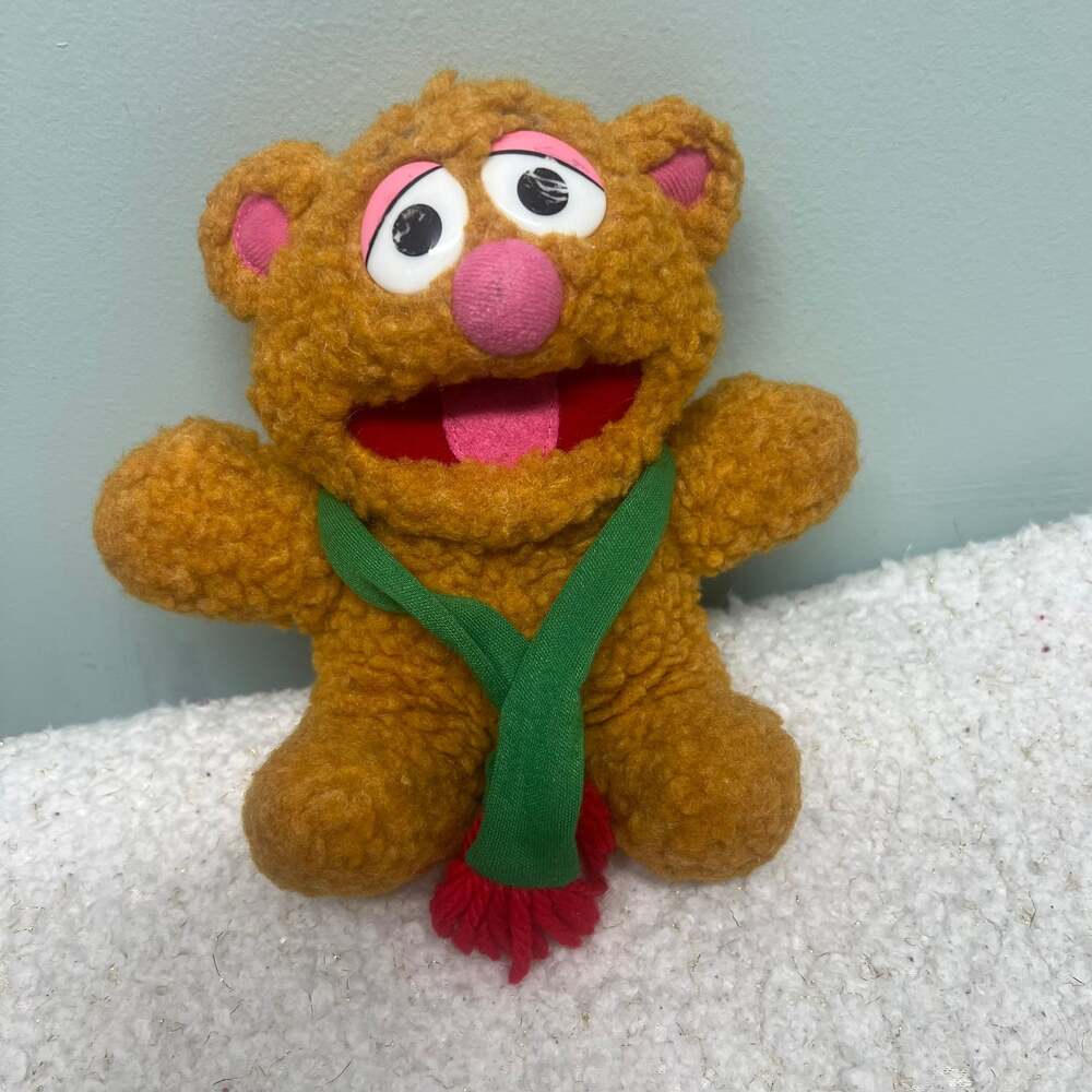 Vintage 1987 Muppet Babies Baby Fozzie Bear 7" Christmas Plush with Green Scarf